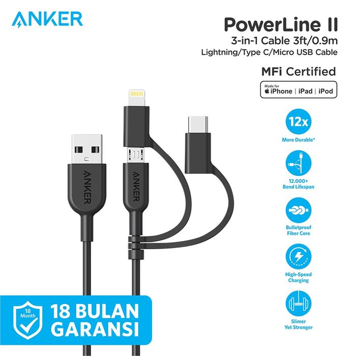 Gambar Kabel Charger Anker PowerLine II 3-in-1 Cable White - A8436 - Hitam dari Anker Indonesia undefined Tokopedia