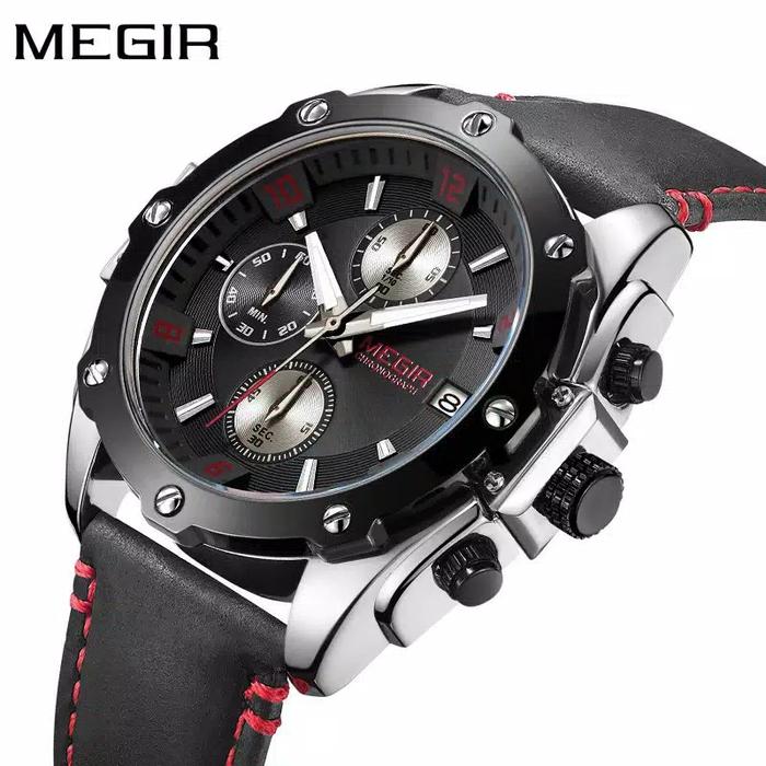 Jual Jam Tangan Pria MEGIR 2074 ORIGINAL Tali Kulit Crono Aktif