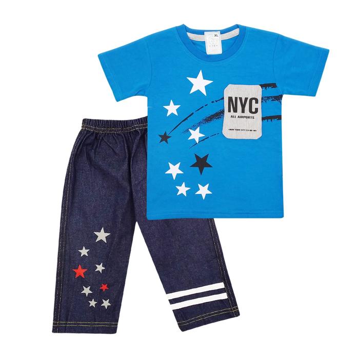 Gambar Wakakids Pakaian Bayi Anak Laki Laki Baju Lengan Pendek Motif NYC Star Setelan Celana Jeans 7/8 Usia 12 Bulan Hingga 18 Bulan 3499 - Biru dari Wakakids undefined Tokopedia
