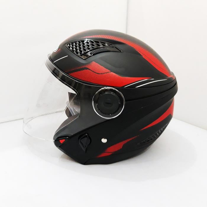 Gambar Helm Zeus ZS-610 Matt Black/OO14 Red Double Visor Half Face - M dari Bike Master undefined Tokopedia