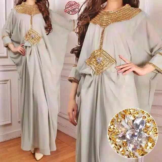 Gambar Gamis Kaftan Jumbo Mewah Elegan Dress Gaun Pesta Kondangan Muslimah - Abu-abu, M dari Butik Berkah Online Shop undefined Tokopedia