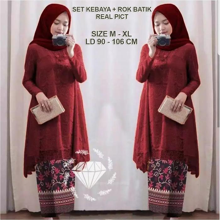 Gambar Setelan Kebaya Brukat + Rok Batik Baju Pesta Kondangan brokat muslimah - MARUN, XL dari Butik Berkah Online Shop undefined Tokopedia