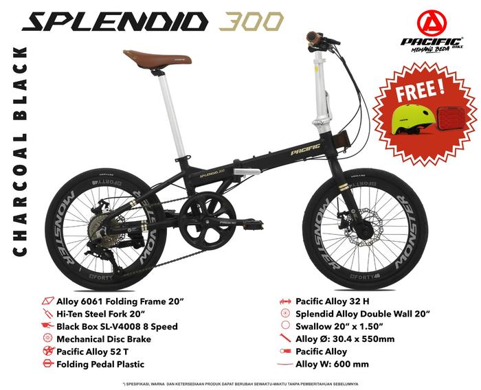 Gambar Sepeda lipat 20 Inch Alloy Splendid 300 8 speed - CHARCOAL BLACK dari SUPPORT BIKE undefined Tokopedia