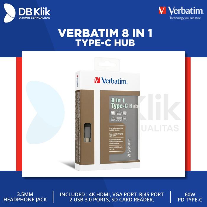 Verbatim Type-C Hub with VGA, HDMI, RJ45, USB3.0x2, PD 60W, SD&Earjack
