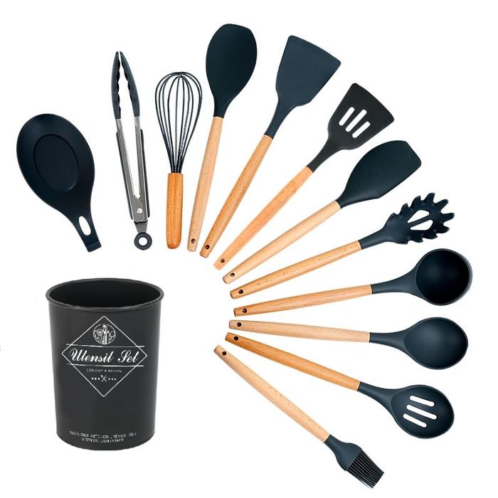 Gambar Sutil Utensil Bucket Set (13) Kayu dan Silikon - drak grey dari Juli Collection undefined Tokopedia