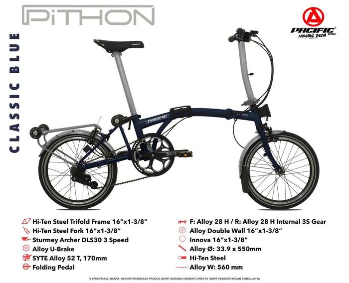 Gambar Sepeda Lipat Trifold Pacific Pithon - classic blue dari SUPPORT BIKE undefined Tokopedia