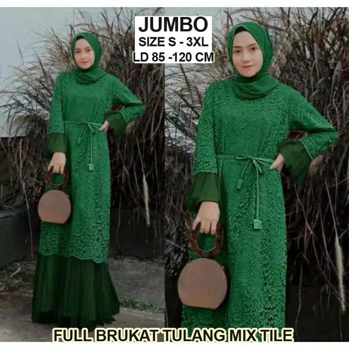 Gambar GAMIS TERBARU BRUKAT JUMBO LD #120 ARIMBI DRESS BROKAT TILE larkilinda - HIJAU BOTOL, M dari Butik Berkah Online Shop undefined Tokopedia