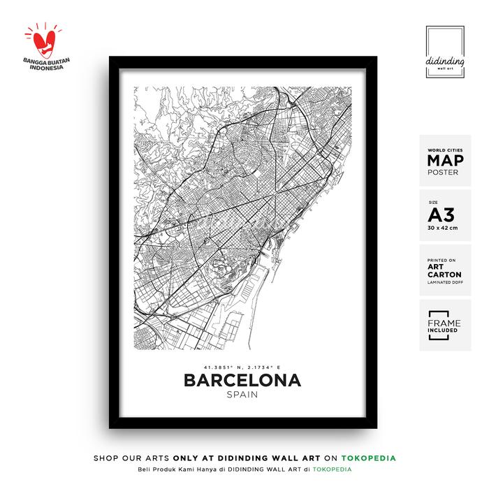 Gambar Barcelona City Map Art - Poster Peta A3 Frame Minimalis Wall Decor - Tipis - Hitam dari didinding wall art undefined Tokopedia