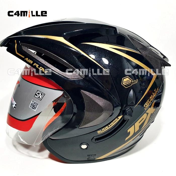 Gambar HELM JPX SUPREME SOLID POLOS DOUBLE VISOR HALF FACE SNI Motorcycle - 2. BLACK GOLD dari c4mille undefined Tokopedia