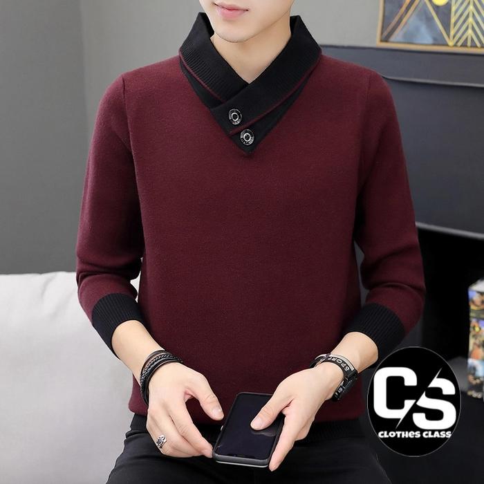 Gambar Sweater Pria V-Neck / Sweater Rajut V-Neck Pria 100% Cotton - Maroon, S dari clothes clas undefined Tokopedia