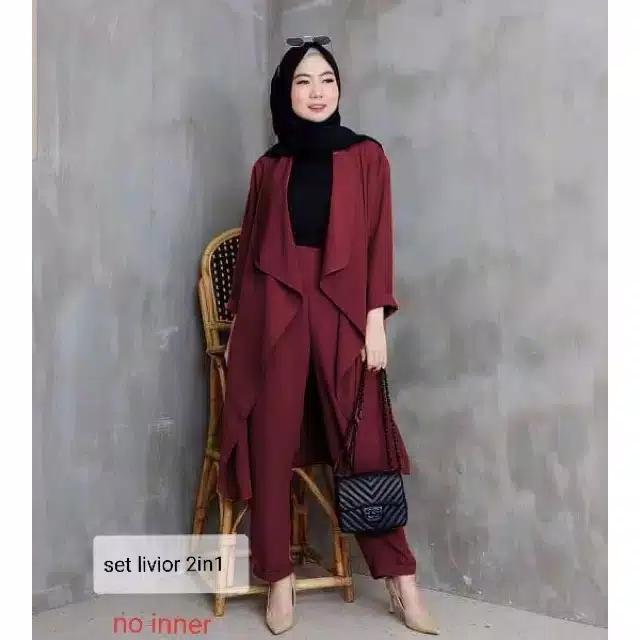 Gambar Set Livior 2 in 1 | setelan baju muslim remaja | alivia+celana BSeller - maroon, All Size dari @Rose Store undefined Tokopedia
