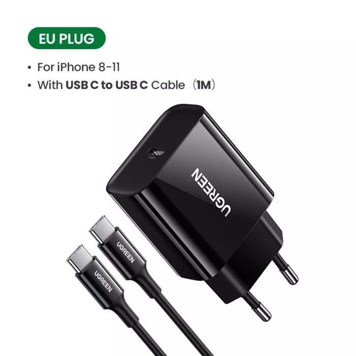 Ugreen Pd Charger Qualcomm QC 18 W bonus Kabel Type c to Usb C  Hitam