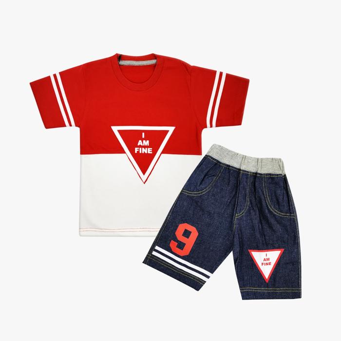 Gambar Wakakids Baju Anak Laki Laki Setelan Jeans Pendek Motif I am Fine 3463 - Merah, 1 dari Wakakids undefined Tokopedia