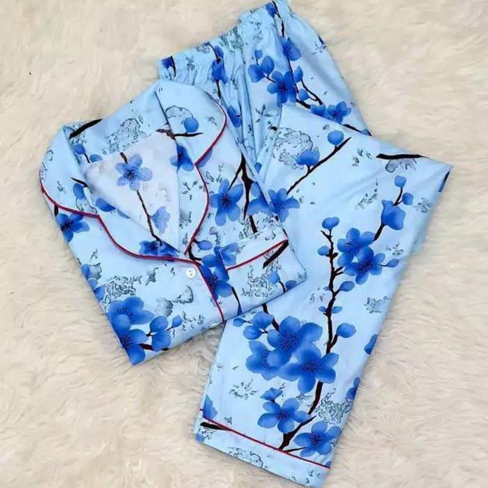 Gambar Piyama Dewasa PP Wanita / Cewek Motif Bunga Sakura 4 warna - Dasar Biru dari pajamasku-shop undefined Tokopedia