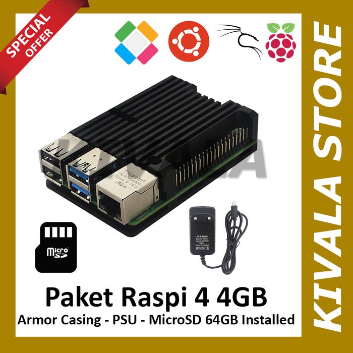 Paket Raspberry Pi 4 Case Armor Aluminium - RAM 4GB, Kali - 64GB