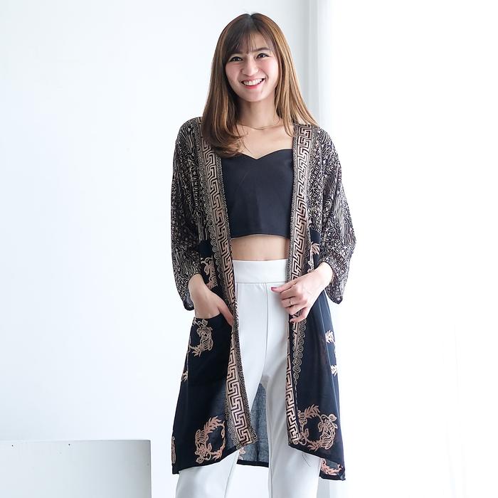 Gambar Long outer kimono batik tunik cardigan - Ikan Koi Sogan Mocca - Sogan Mocca dari Batik Universalku undefined Tokopedia