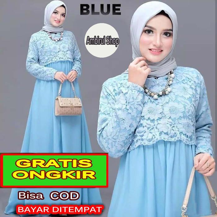 Gambar Gamis Wanita Brukat Dress Muslimah Busui Cantik Pakaian Tren Terbaru - Blue dari Ambirul Shop undefined Tokopedia