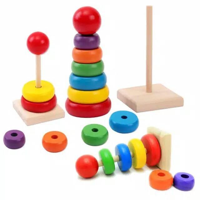 Gambar Mainan Edukatif / Edukasi Anak - Balok Kayu Rainbow Tower Menara Donut dari TokoDnD undefined Tokopedia