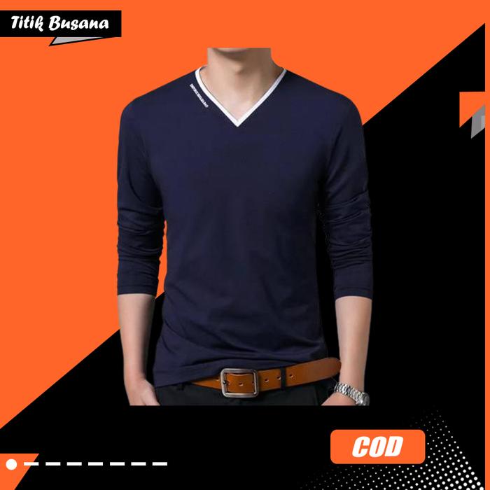 Gambar Kaos Lengan Panjang Pria Leher V Varmen Slim Fit Kaos Cowok V Neck - Navy dari Titik Busana undefined Tokopedia