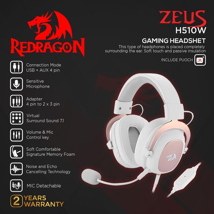 Gambar Redragon Gaming Headset 7.1 with Microphone USB AUX ZEUS 2 - H510 - Putih dari Redragon Indonesia undefined Tokopedia