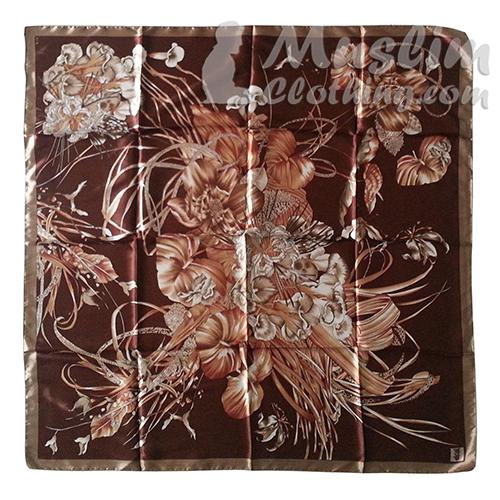 Gambar Jilbab Akel Turki Satin Silk Motif Bunga Segi Empat Premium - Dark-LightBrown dari Muslim Mall undefined Tokopedia