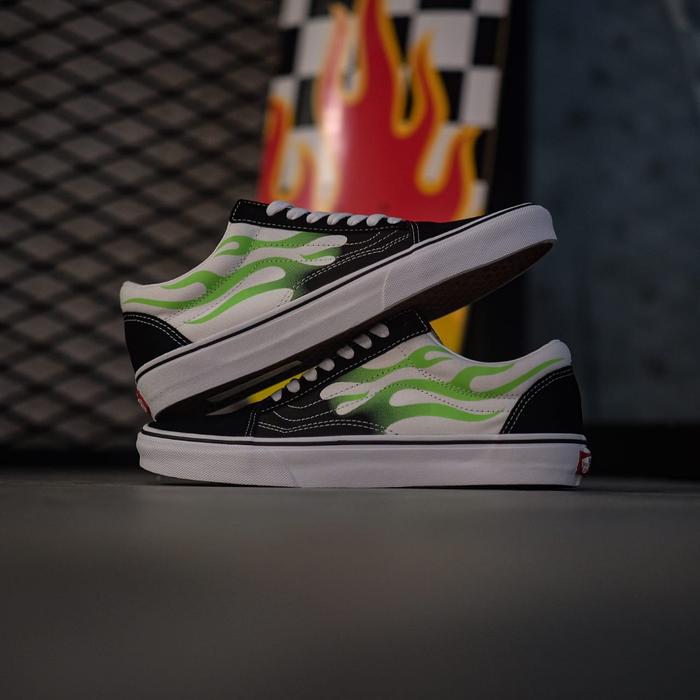 HOT Green Flame New Flame Vans Vans Old Skool Flame