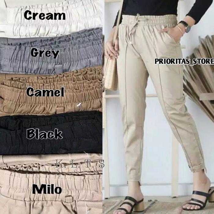 BAGGY PANTS || celana wanita fashion kolor muter crem, L