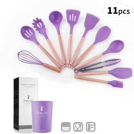 Gambar silicone utensil set wooden handle /set masak spatula - Ungu dari etc shopline undefined Tokopedia