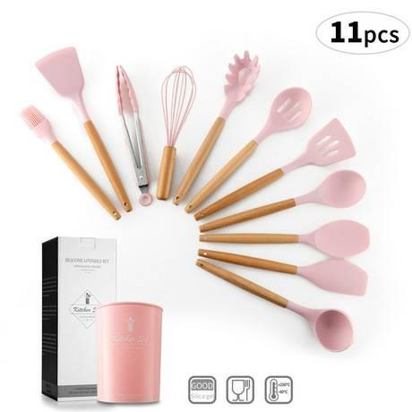 Gambar silicone utensil set wooden handle /set masak spatula - pink dari etc shopline undefined Tokopedia