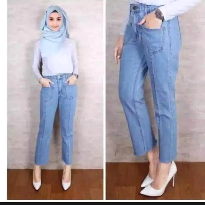 Gambar celana jeans boyfriend saku depan - Biru Muda, L dari elfashion21 undefined Tokopedia