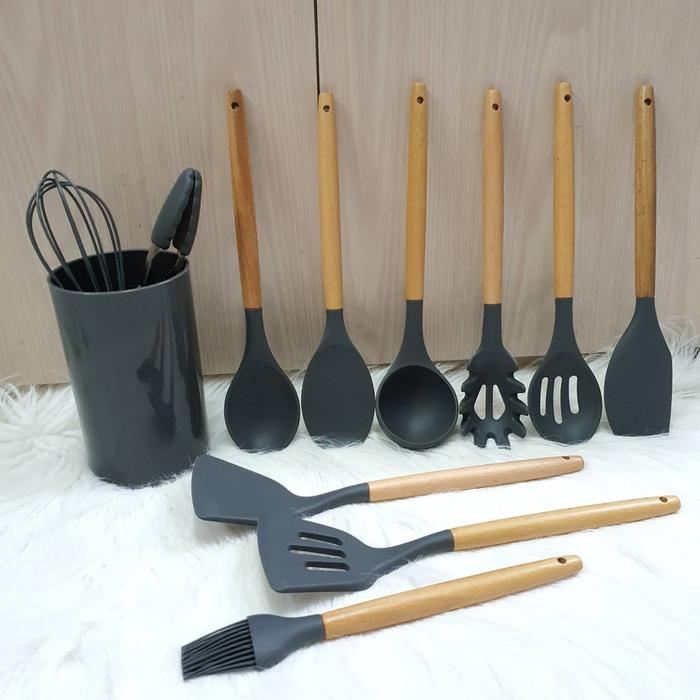 Gambar 12pcs silicone cooking utensil spatula set with wooden handle - dark grey dari etc shopline undefined Tokopedia