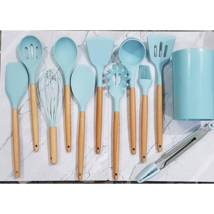 Gambar 12pcs silicone cooking utensil spatula set with wooden handle - blue dari etc shopline undefined Tokopedia