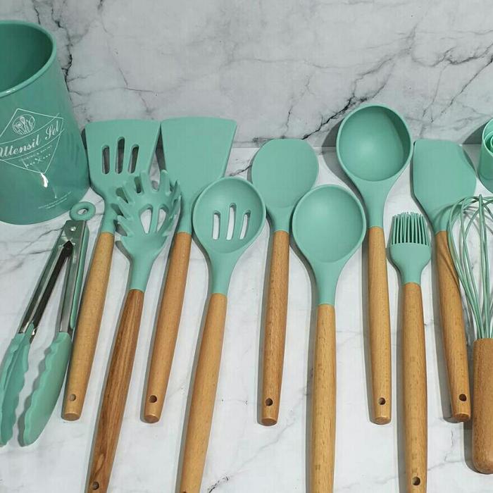 Gambar silicone utensil set wooden handle /set masak spatula - tosca dari etc shopline undefined Tokopedia