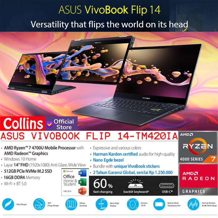 Gambar ASUS VIVOBOOK FLIP TM420IA - RYZEN 7-4700U 16GB 512GB SSD 14" FHD W10 dari Collins Official undefined Tokopedia