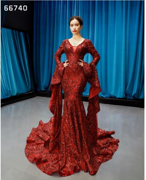 Jual red v neck line lace shinning elegant long sleeve maxi