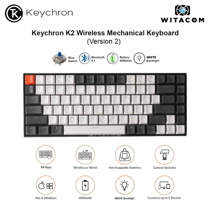 Gambar Keychron K2 84 Key Wireless Keyboard WHITE Plastic Frame Hot-swap - Blue K2-A2H dari Witacom undefined Tokopedia