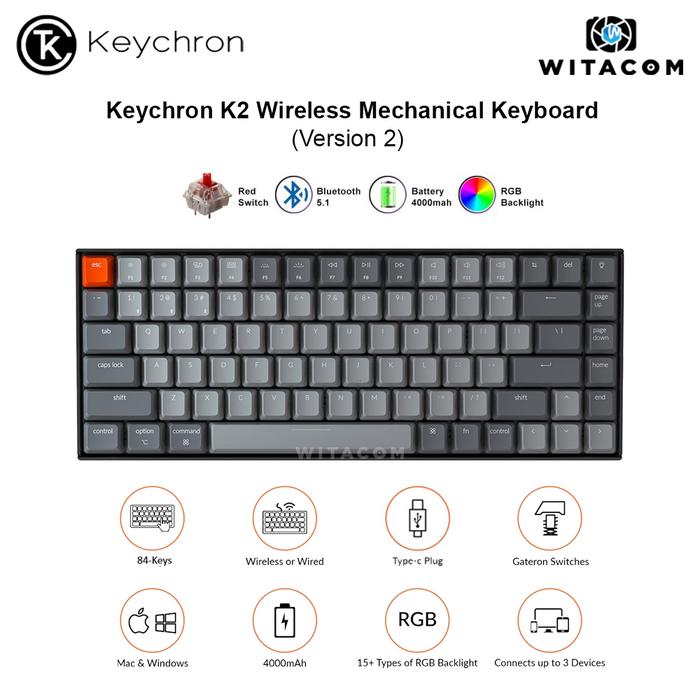 Gambar Keychron K2 84 Key Wireless Keyboard RGB Plastic Frame Gateron - Red K2-B1 dari Witacom undefined Tokopedia