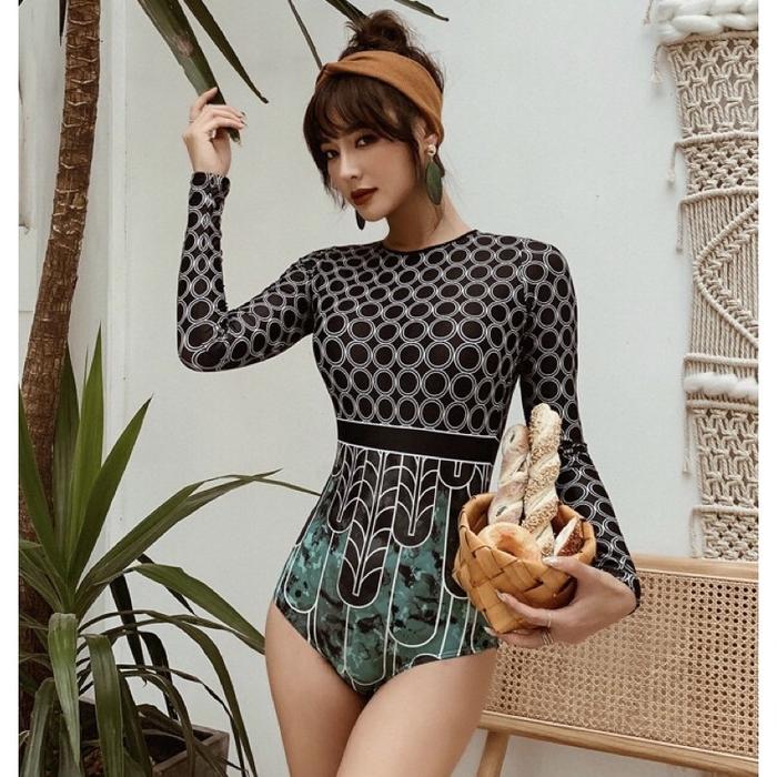 Long Sleeve Swimsuit With Large One Piece Bathing Suit GREEN