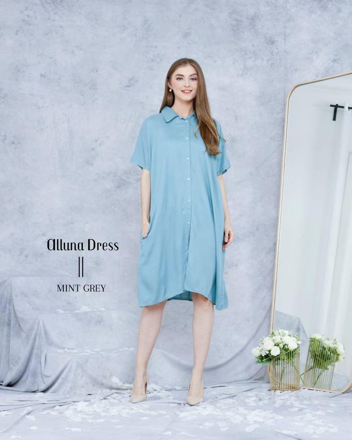 Gambar BAJU CEWE RAYON PREMIUM ALLUNA DRESS / ALUNNA DASTER KEMEJA - MINT GREY dari Jumuna undefined Tokopedia