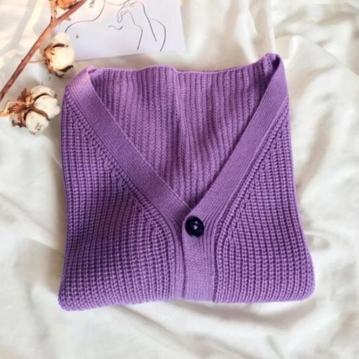 Gambar sweater cardigan cewe perempuan wanita croptop kekinian - Lavender, L dari Pabrik Sweater undefined Tokopedia