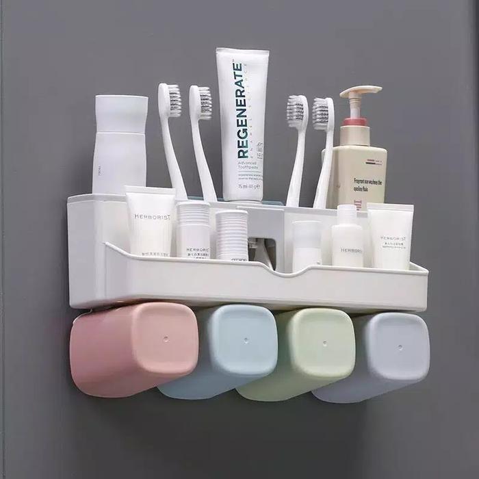 Gambar Set Dispenser odol tempat sikat gigi Rak Skin Care Rak Sikat Gigi - 4 CUP dari DapurPelangiKu undefined Tokopedia