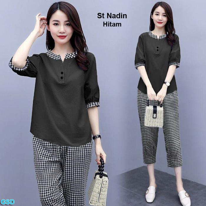 Gambar Set Nadin-Setelan Atasan Dan Celana Motif Kotak /Setelan Wanita Dewasa - Hitam, L dari Grosir Dress undefined Tokopedia