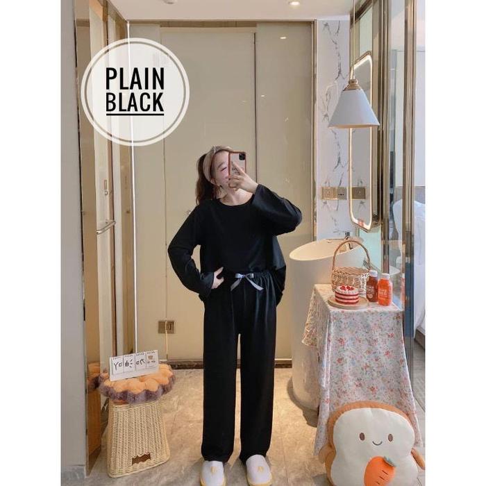 Gambar baju tidur wanita jumbo setelan lengan panjang / piyama bigsize - PLAIN BLACK dari Twin.sleepwear undefined Tokopedia