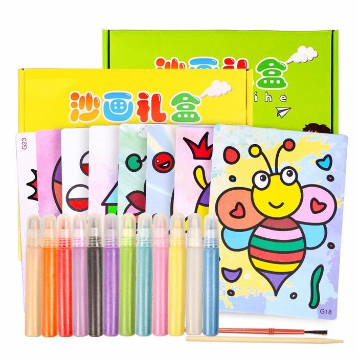 Gambar Mainan Edukasi Anak Set Menggambar Pasir isi 18 warna + 30 gambar - Box Ijo/Kuning dari Olive Tree Indonesia undefined Tokopedia