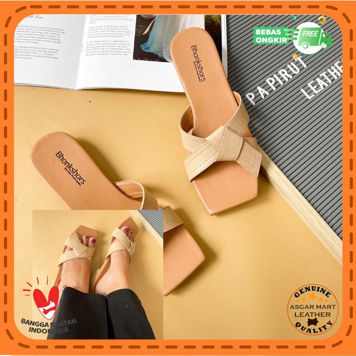 Gambar Sandal Wanita Slider-Heel Bhonkshors Lipat Dasi Kulit Sapi Asli Garut - Krem, 37 dari Asgar Mart undefined Tokopedia