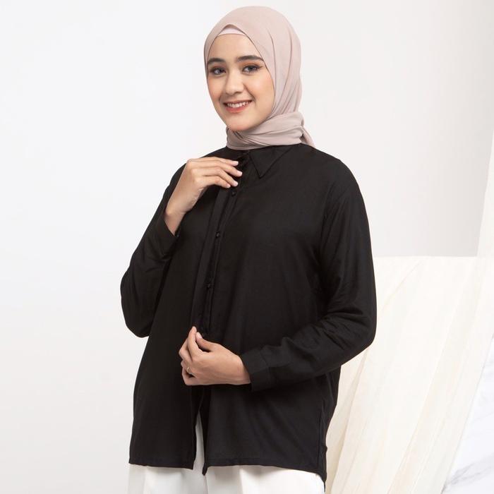 Gambar Aurel Kemeja Atasan Wanita Polos Basic Lengan Panjang Casual kekinian - Hitam, all size dari Dnaashop undefined Tokopedia