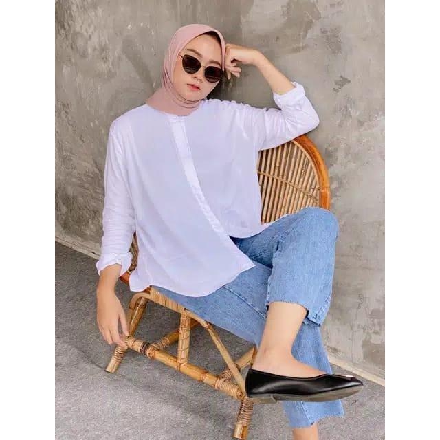 Gambar Aurel Kemeja Atasan Wanita Polos Basic Lengan Panjang Casual kekinian - Hitam, all size dari Dnaashop undefined 5 Tokopedia