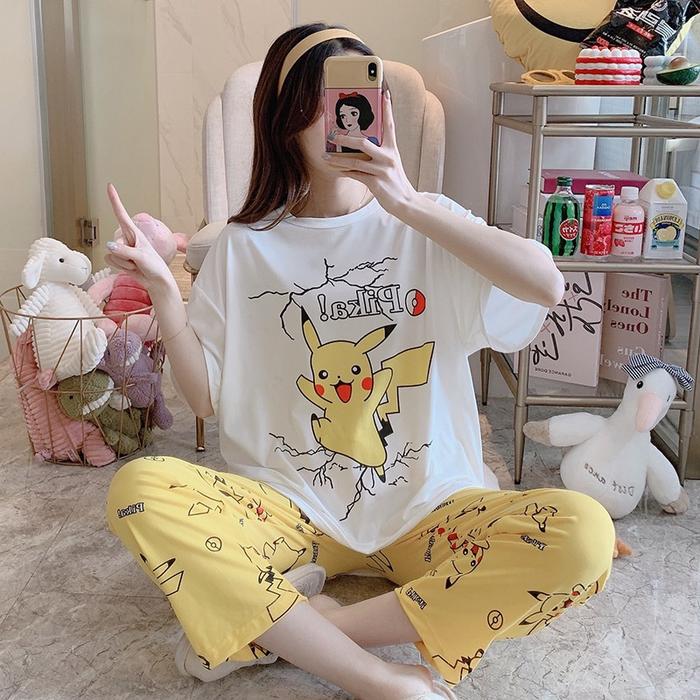 Gambar Setelan Import Piyama Oversize Bahan Kaos Adem Lengan Pendek - Pikachu dari Starcastle undefined Tokopedia