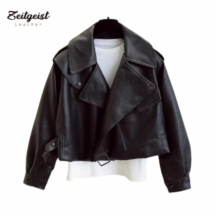 Gambar Jaket Kulit Crop Top Stylish Pocket Original Zeitgeist - Hitam, XXXL dari Zeitgeist Leather Store undefined Tokopedia