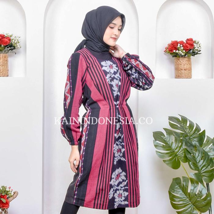 Gambar KI Dress Tenun Casual Kombinasi Citra Wina Pink (Bonus Masker) - Pink, 4 dari KainIndonesiaCo undefined Tokopedia